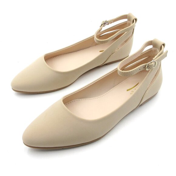 LURNYET Women's NUDE NUBUCK Casual Ankle Strap Pointed Toe Ballet Flats Shoes - Picture 4 of 7